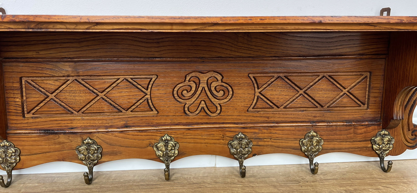 Coat Rack Vintage French Oak Wall Mounted 6 Hooks Carved Rack Hanger LOT 6208