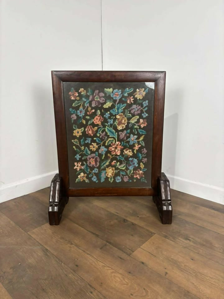 Vintage oak Framed Floral Tapestry Fire Screen