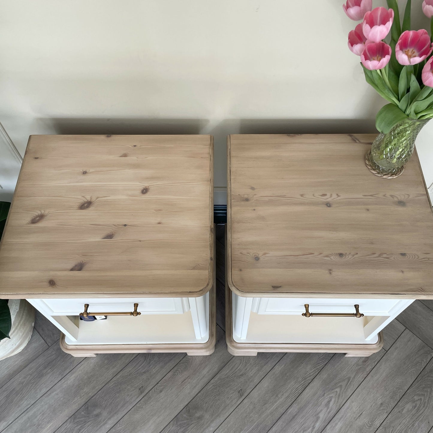White Bedside Tables Pair | Solid Wood Nightstands with Drawer & Shelf | Hand Painted Vintage Side Tables | Bedroom Furniture Set