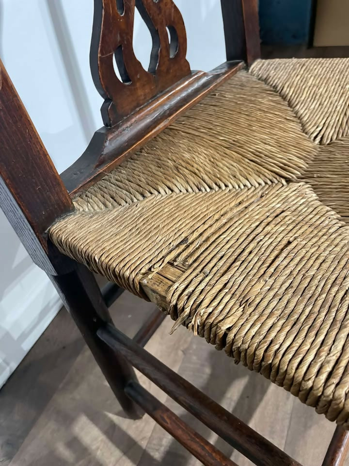 Near Pair of Antique Oak Chairs Having Rush Seats090