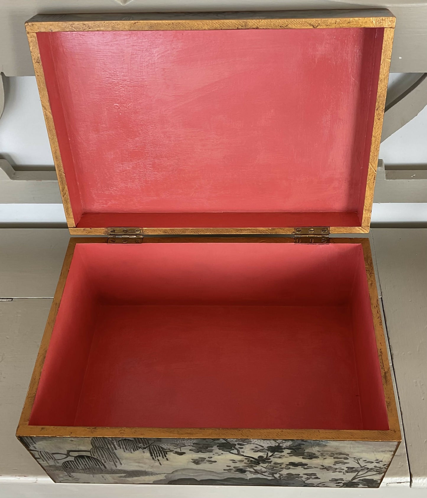 Antique Oak Chinoiserie decoupaged and hand painted large hinged Box