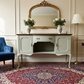 Antique Sage Green Greyish Sideboard: Bow-Fronted Cabinet with Brass Rail