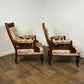 Pair of Victorian Carved Walnut Upholstered Library Armchairs