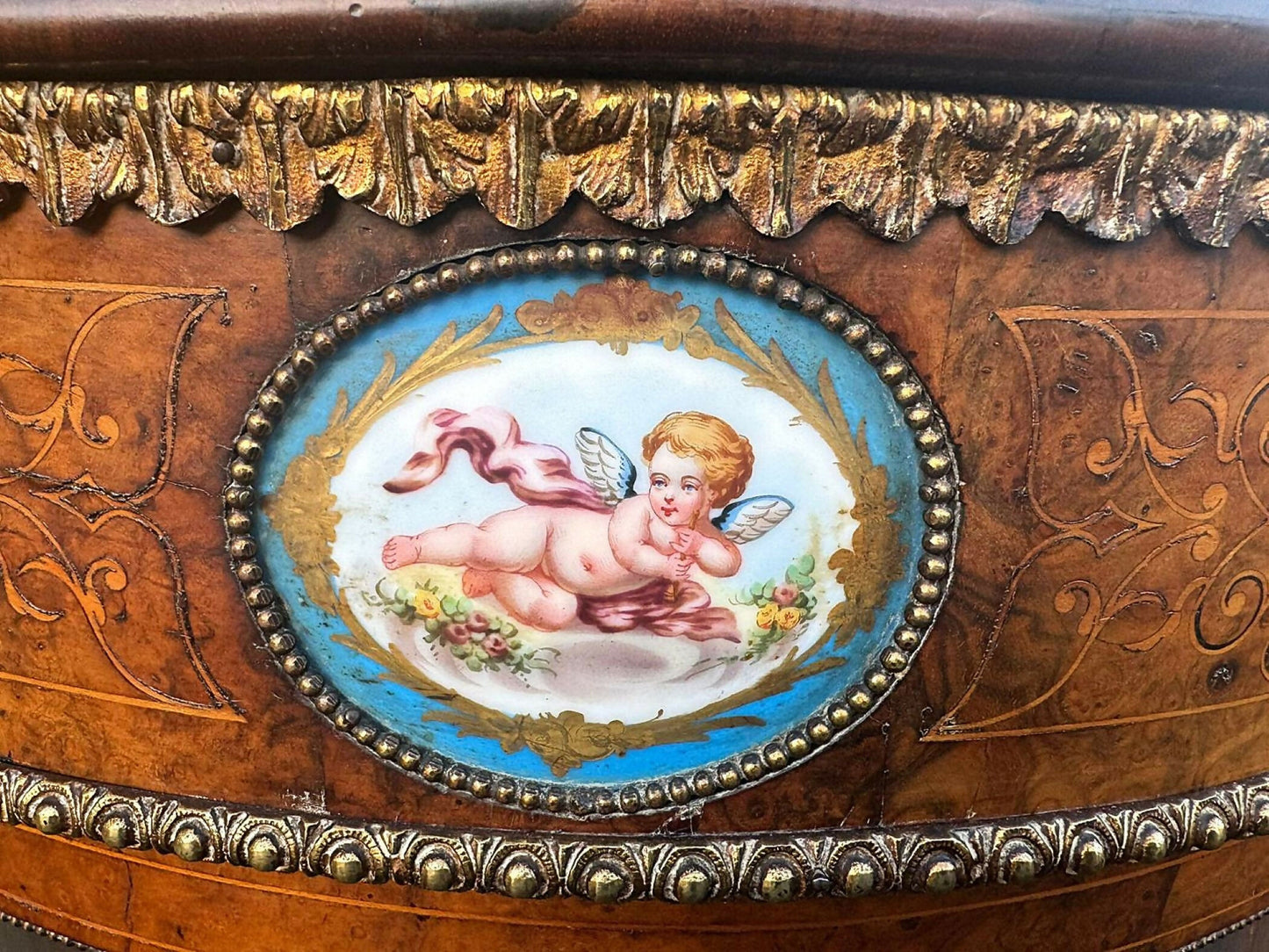 Victorian Inlaid Walnut Credenza Featuring Sevres Style Plaques