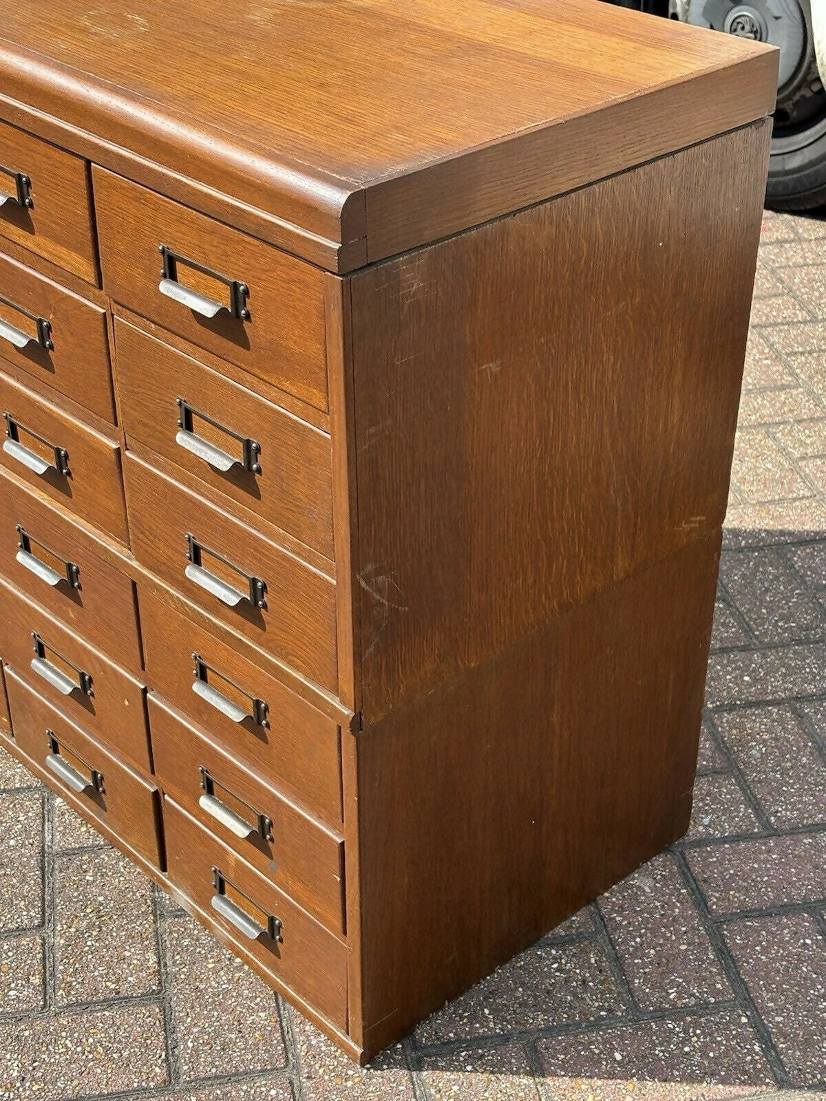 Large Vintage Edwardian Floor Standing Oak Filing Drawers. Cabinet Splits In Half.