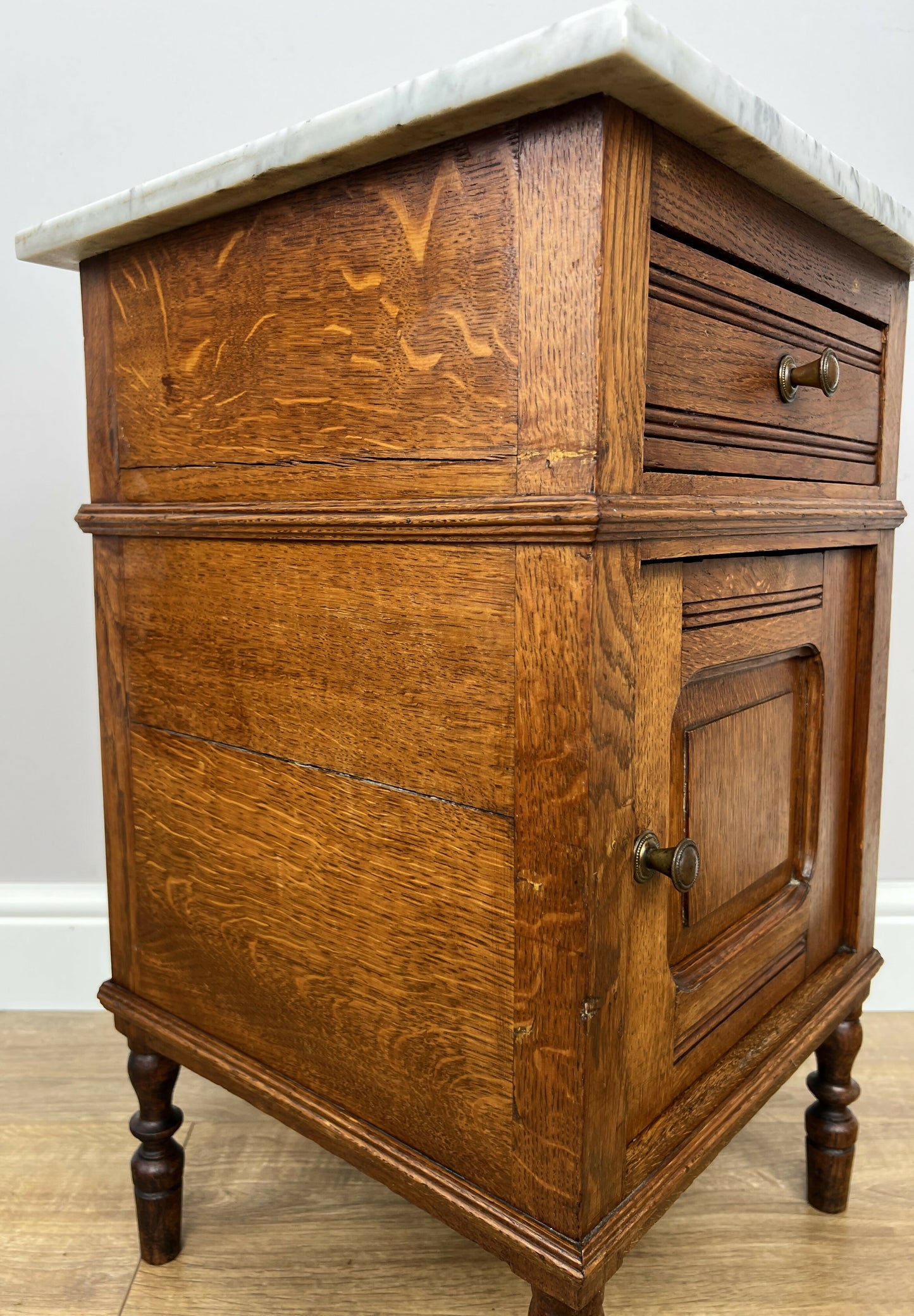 Bedside Table Antique French Style Marble Top Oak Cabinet Nightstand LOT 6235
