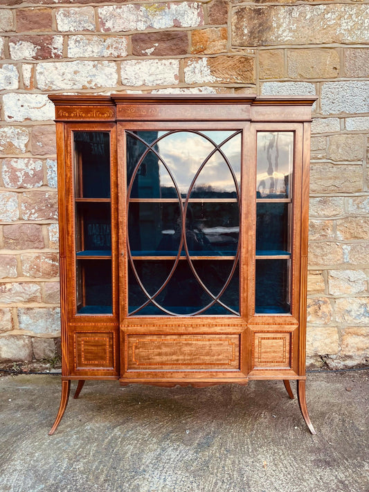Edwardian Inlaid Display Cabinet – Astragal Glazed Door, Marquetry Detail, Velvet Interior, Antique Glass Curio Cabinet, Vintage Furniture