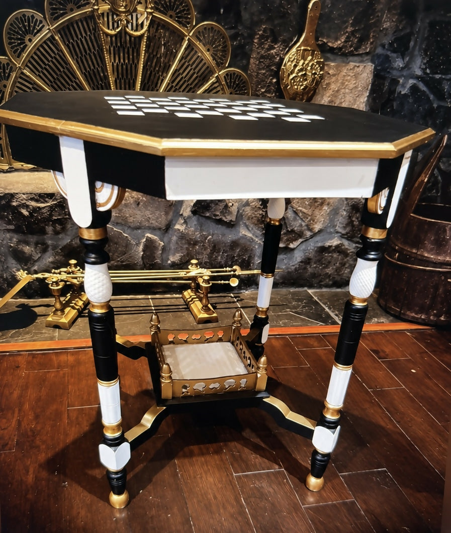 Vintage Chess & Games Table Monochrome Black, White & Gold Statement Side Table