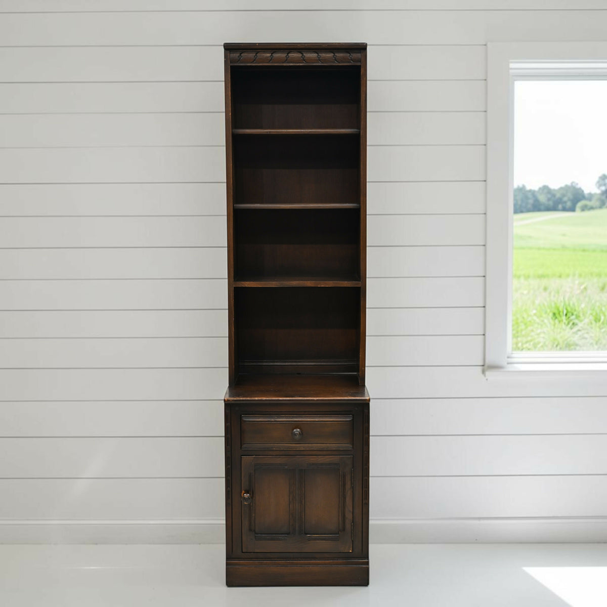 Ercol Narrow Mural Bookcase 3 Shelves Cupboard & Drawer Dark FREE* UK Delivery