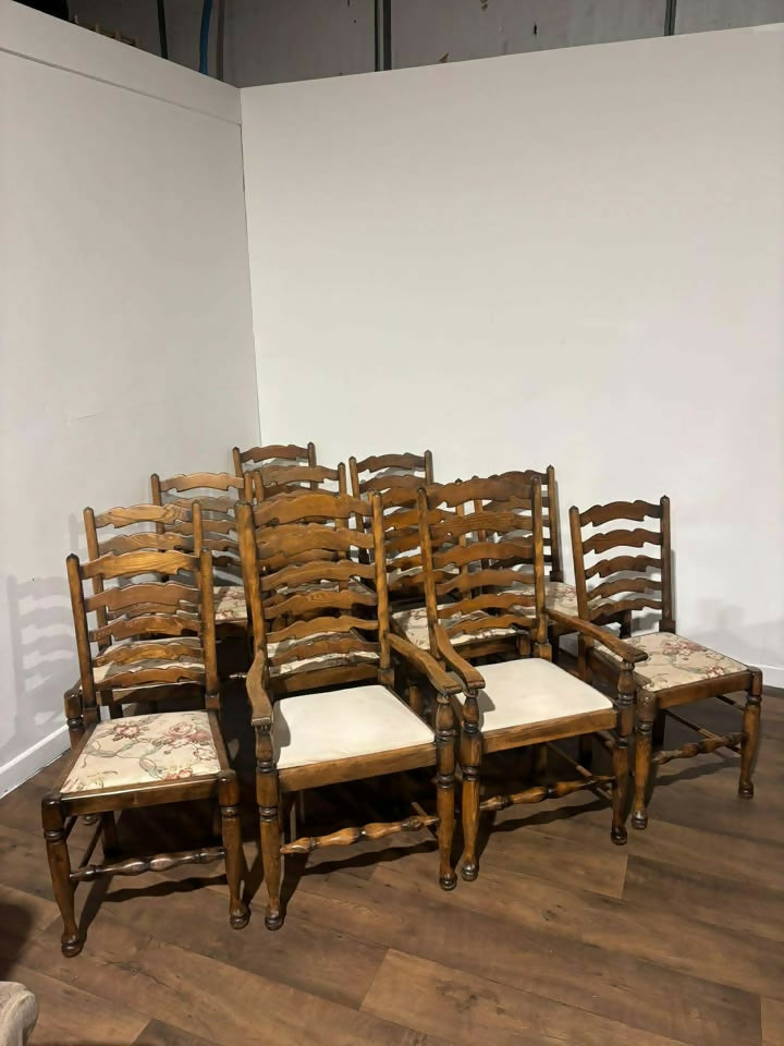 Set of Twelve Oak Yorkshire Style Ladderback Dining Chairs