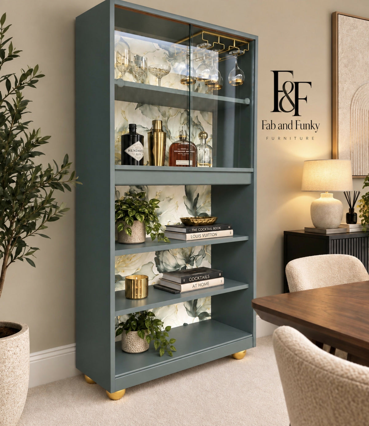 Retro G Plan Cocktail Cabinet | Upcycled Drinks Cabinet | Mid Century Display Cabinet | Glass Bar Cabinet | Green & Gold