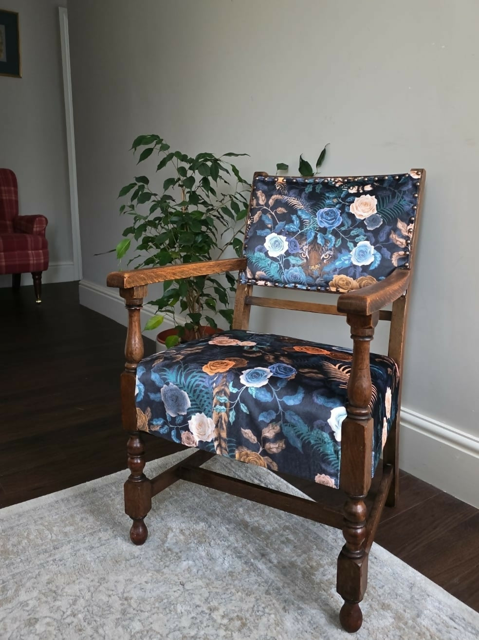 Antique Oak Framed Small Chair Child's Chair, Becca Who Velvet New Upholstery