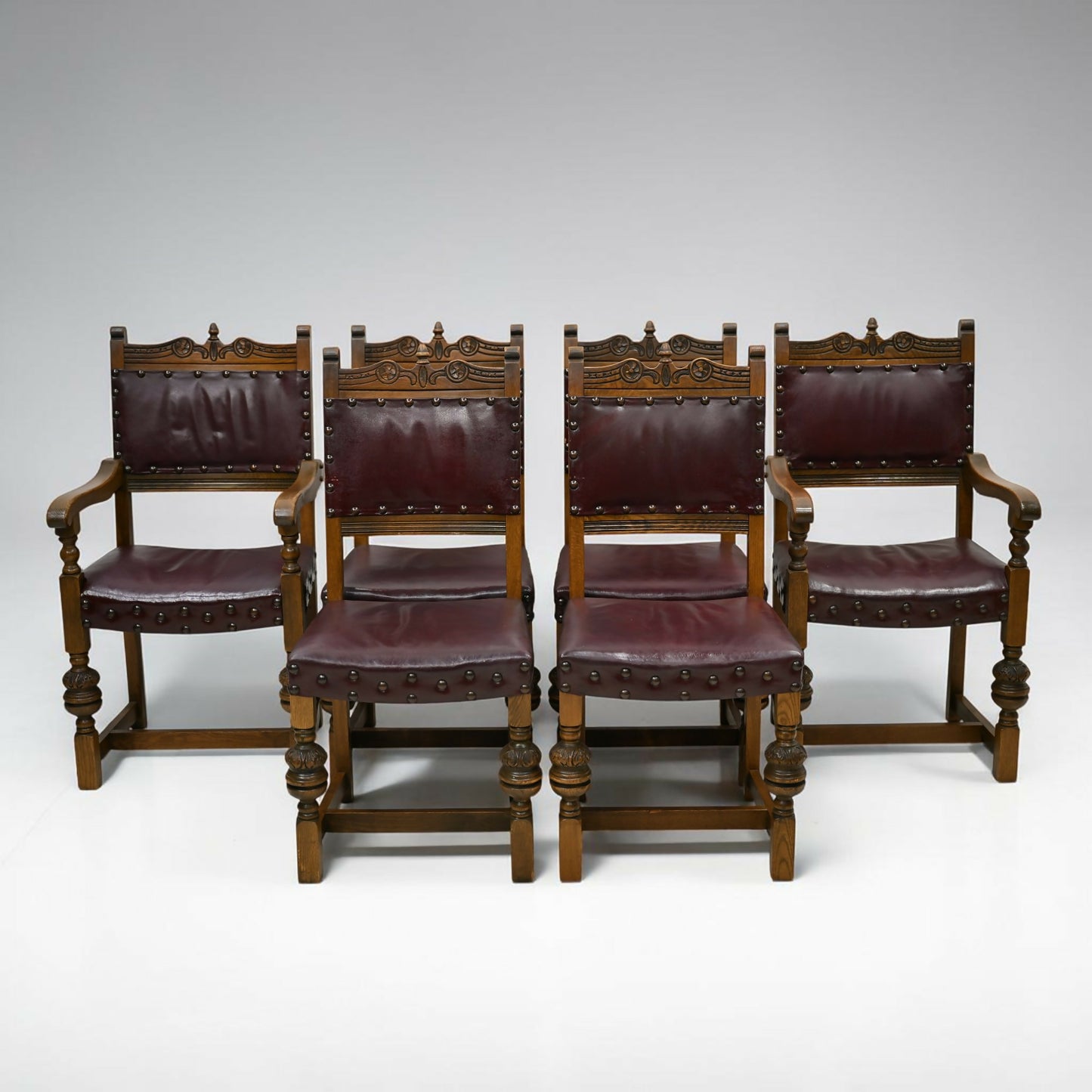 6 Old Charm Dining Chairs Studded Leather Seats/Backs Light Oak FREE UK Delivery