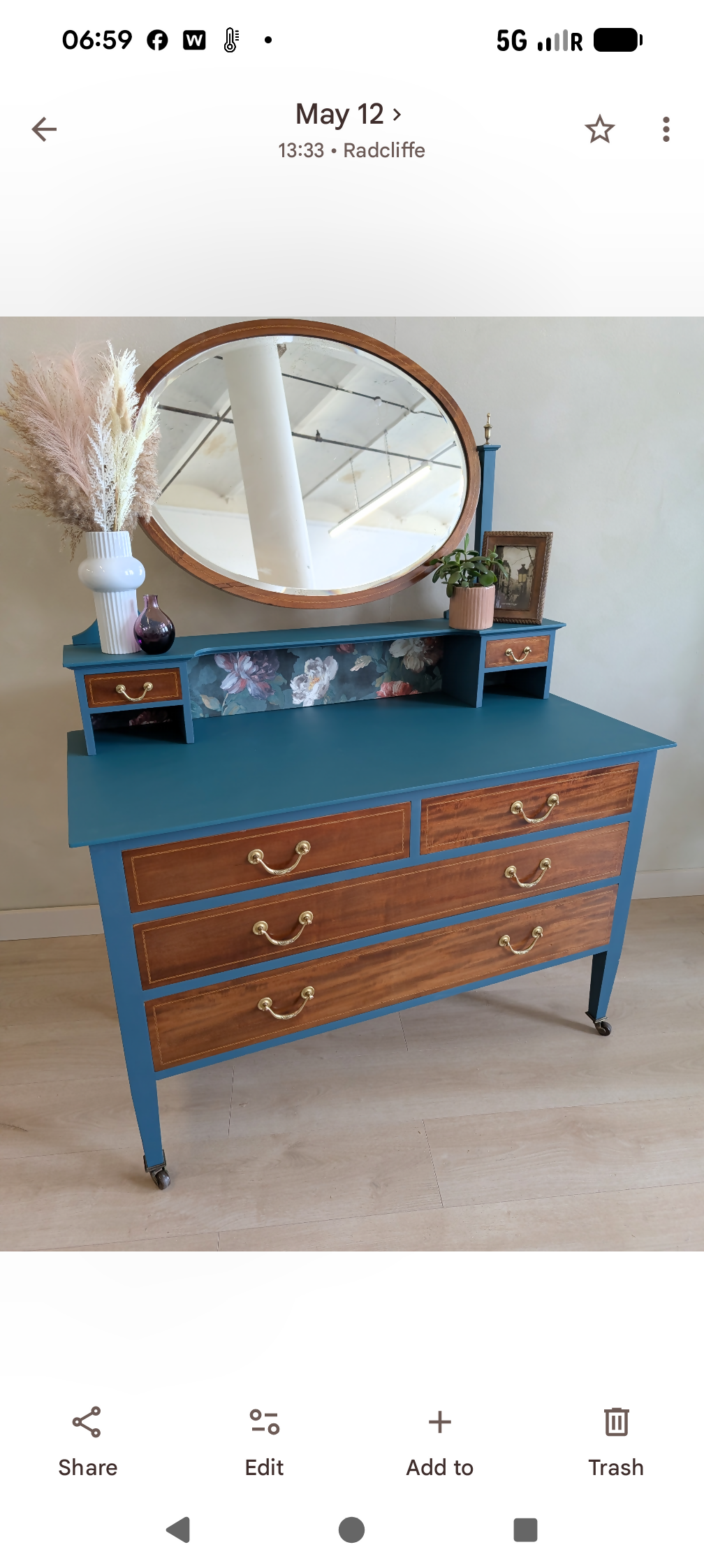 Chest of Drawers with Oval Mirror Antique Solid Wood & Painted with Botanical Drawer Interiors One of a Kind Statement Piece