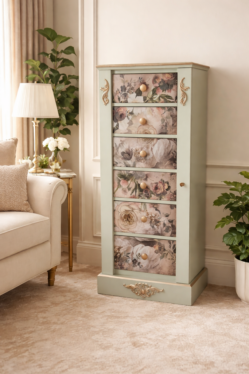 Vintage upcycled tallboy chest of drawers pale green with floral decoupage