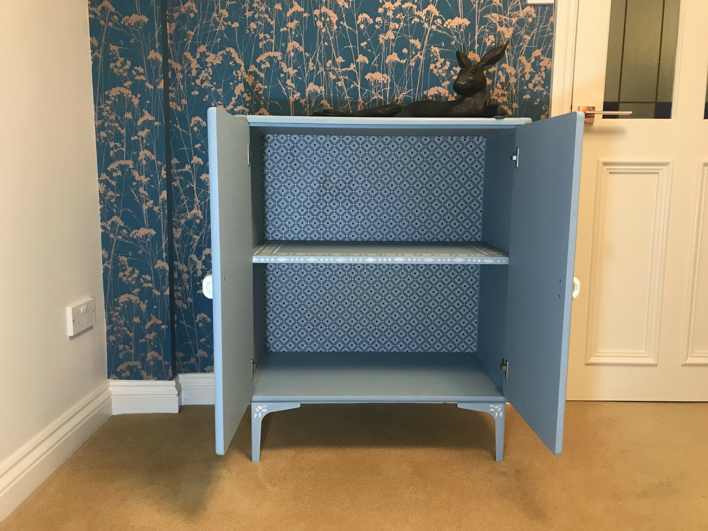 Painted Cupboard - Swedish Blue with Faux Bone Stencilling