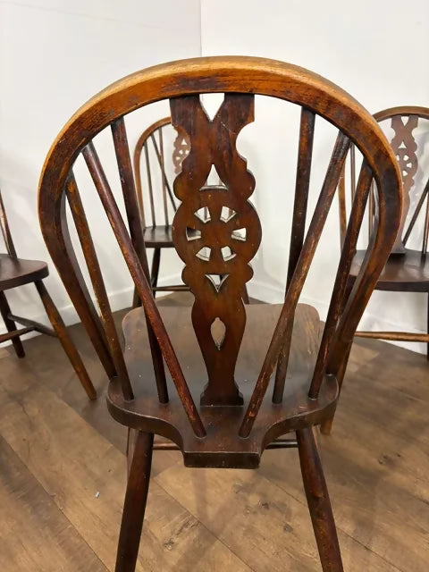 Vintage Set Of Four Oak Wheelback Dining Chairs