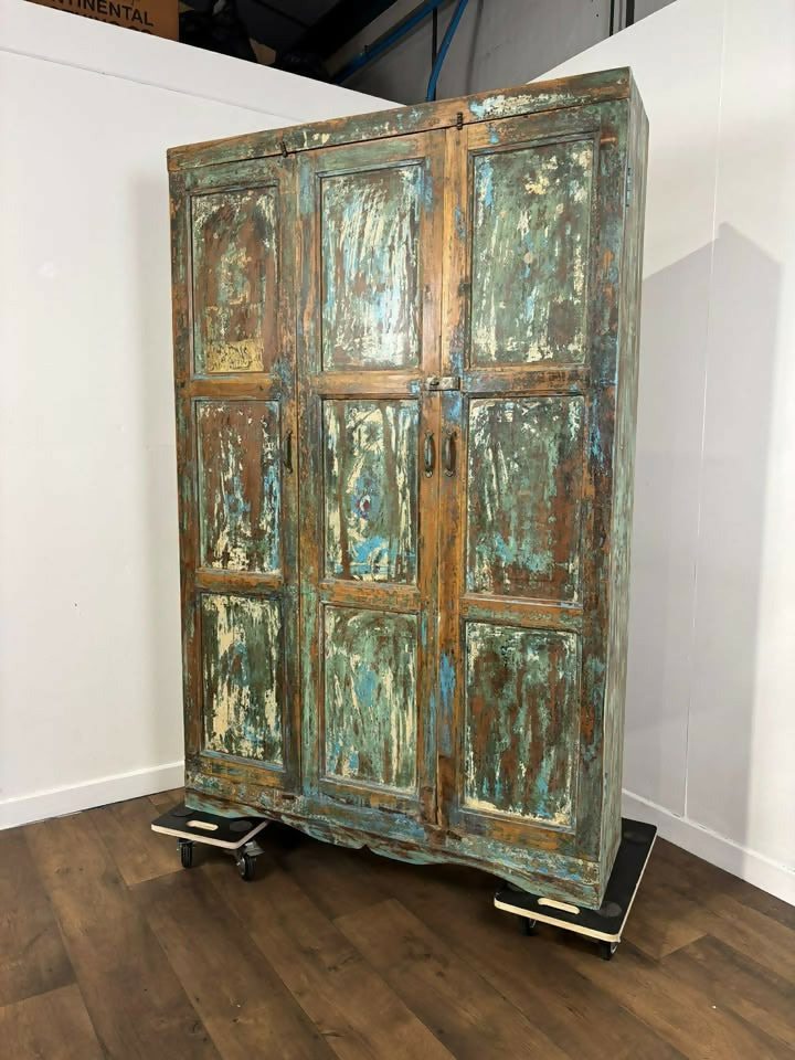 Large Vintage Rustic Indian Triple Door Cupboard in Distressed Blue
