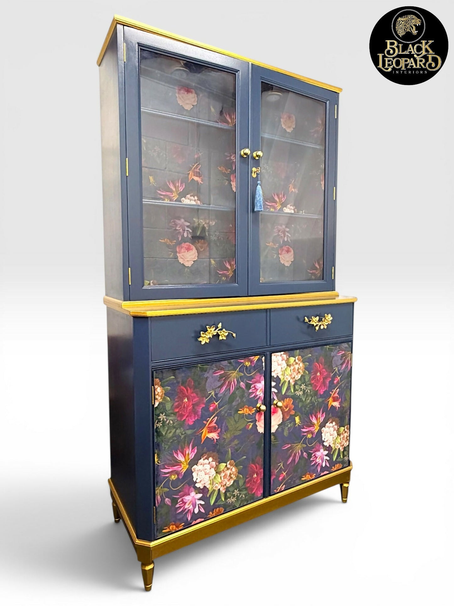 Luxury Refinished Dresser Glass Display Drinks Cabinet Blue Floral Design | Bespoke Vintage Handmade Furniture