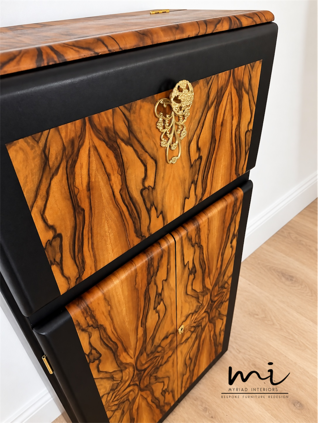 Refinished Art Deco Burl Walnut Cocktail Cabinet In Black With Gold Design. 1930s drink cabinet. Gin bar. Refurbished. sideboard slim narrow