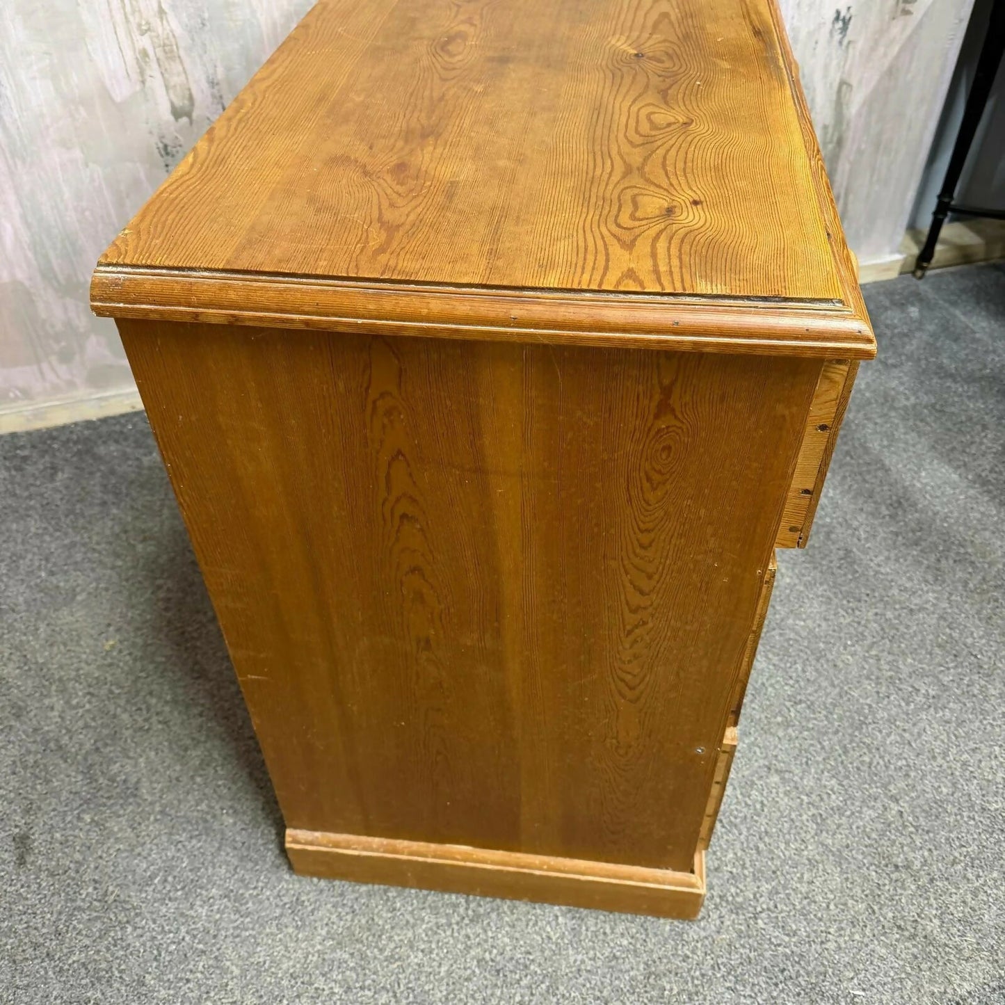 Vintage Solid Pine Low Chest of 3 Drawers Knob Handles Plinth