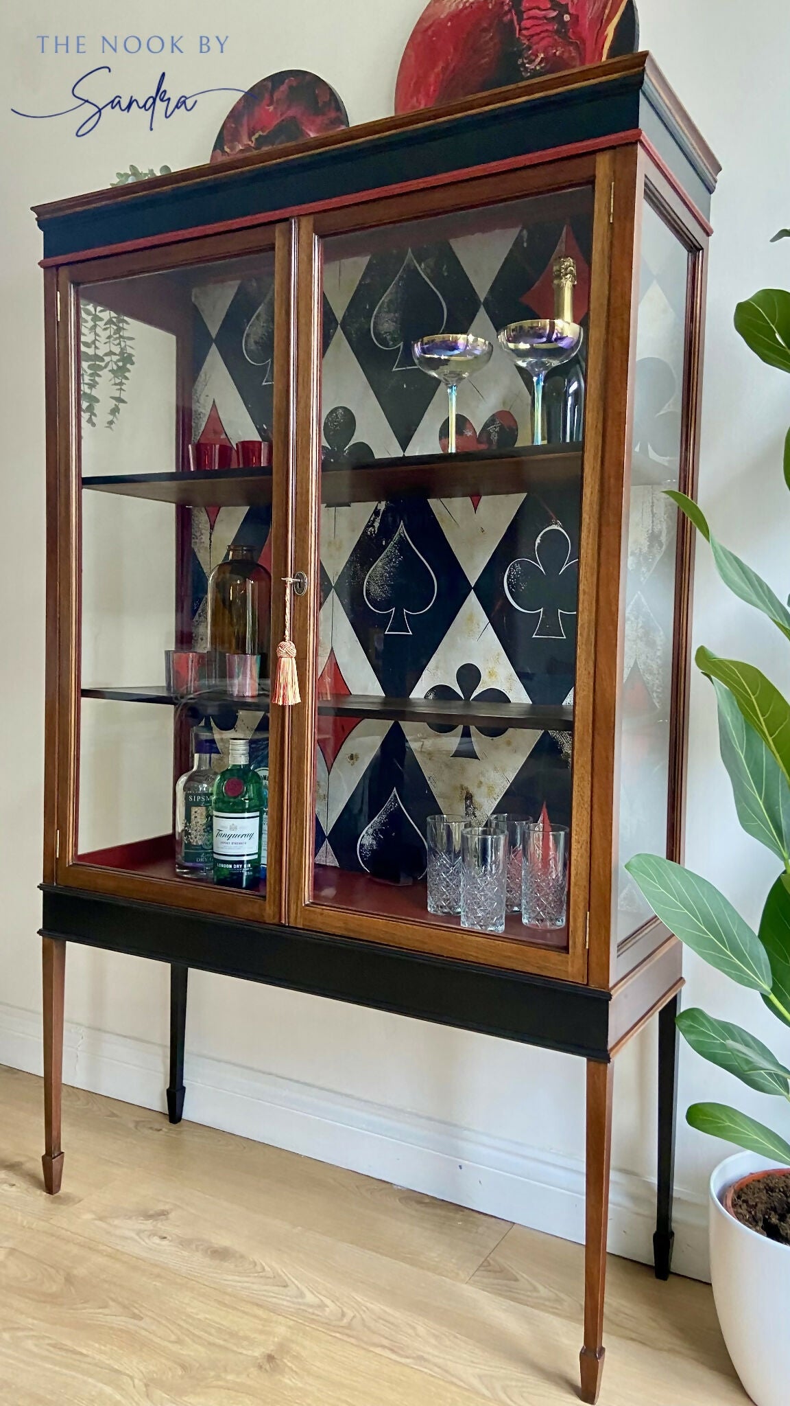 Upcycled Edwardian Mahogany Display Cabinet-Red and Black Perfect as a Cocktail or Display Piece