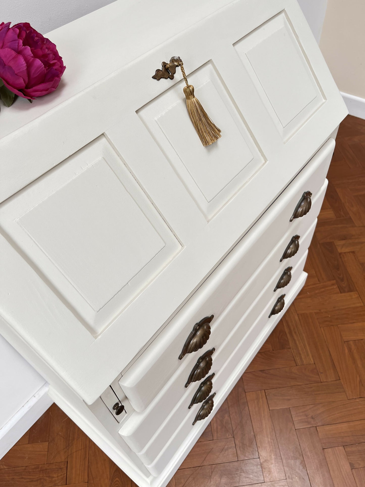 Vintage Pine Bureau Desk Hand Painted in a Soft white with Olive Green and Gold Interior