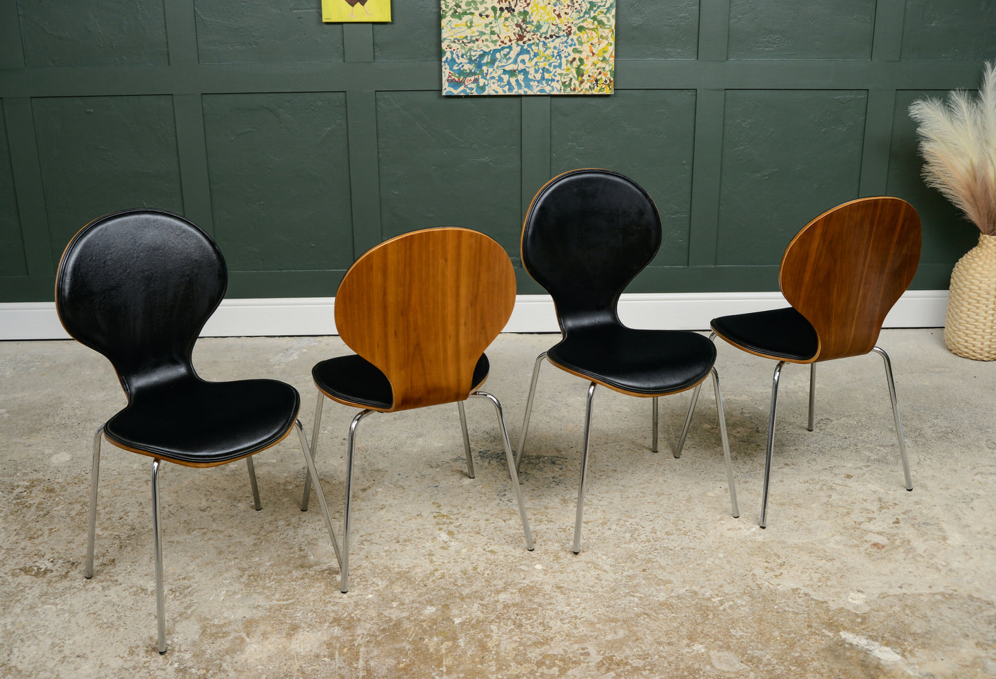 4 Dwell Bentwood Dining Chairs - Black Leatherette Seats - MCM Style