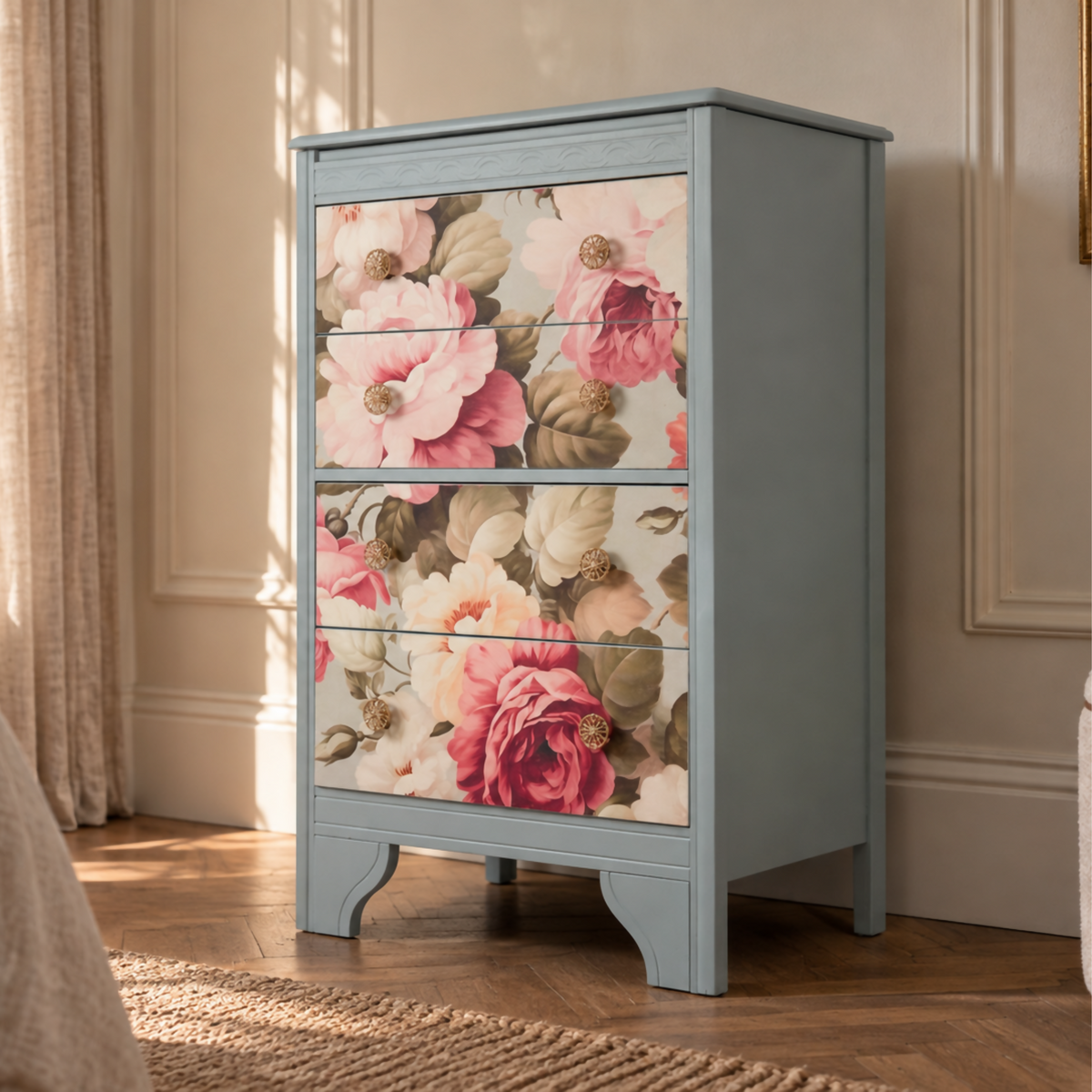 Vintage Lebus Dressing Chest, Chest of Drawers, Lift-Up Mirror, Floral Upcycled Furniture