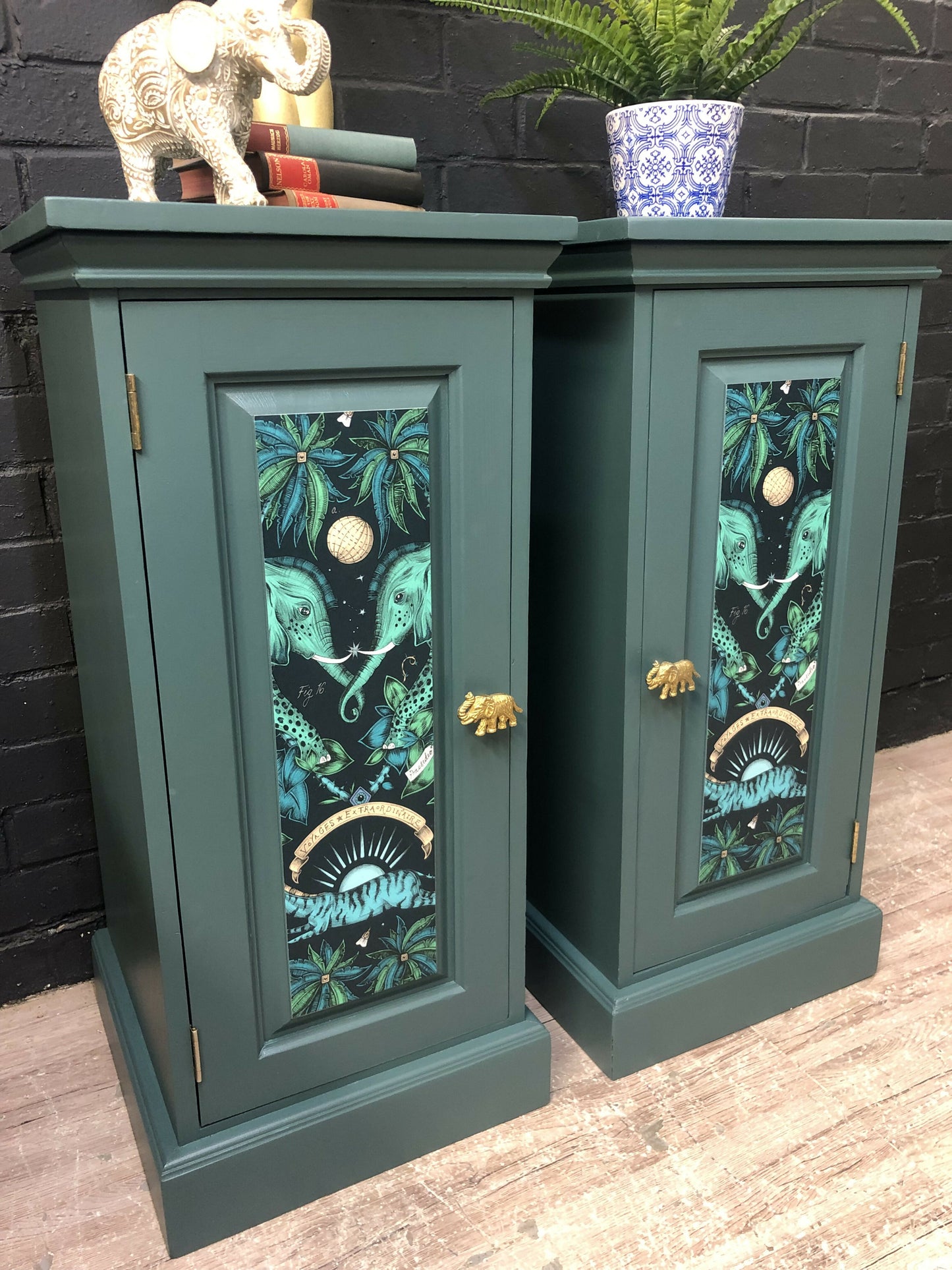 MADE TO ORDER: Pair of green bedside tables with papered fronts