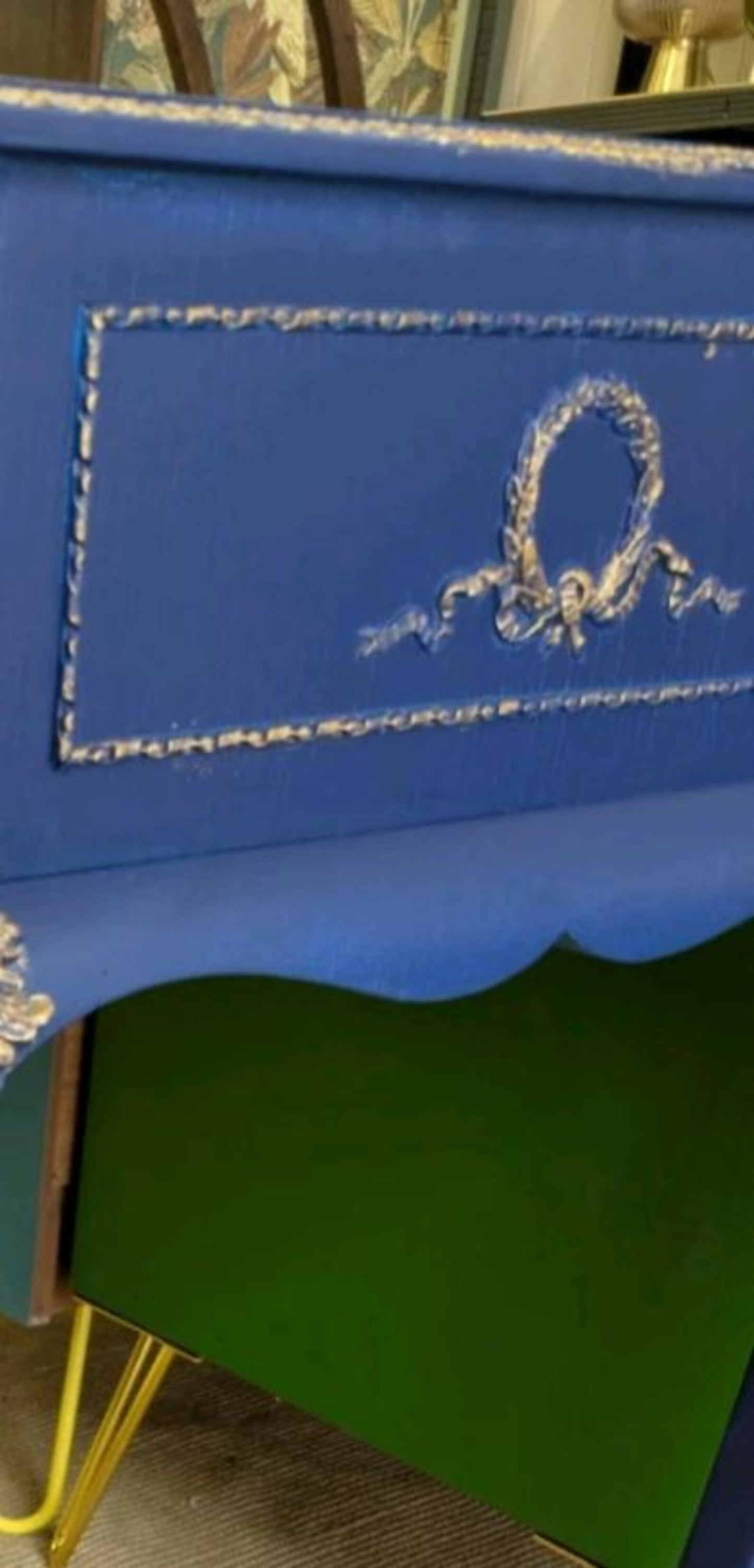 Vintage French Dressing Table, Desk Bedroom Office. Painted Furniture. Upcycled Navy Blue Gold Tropical Bird Commission Piece