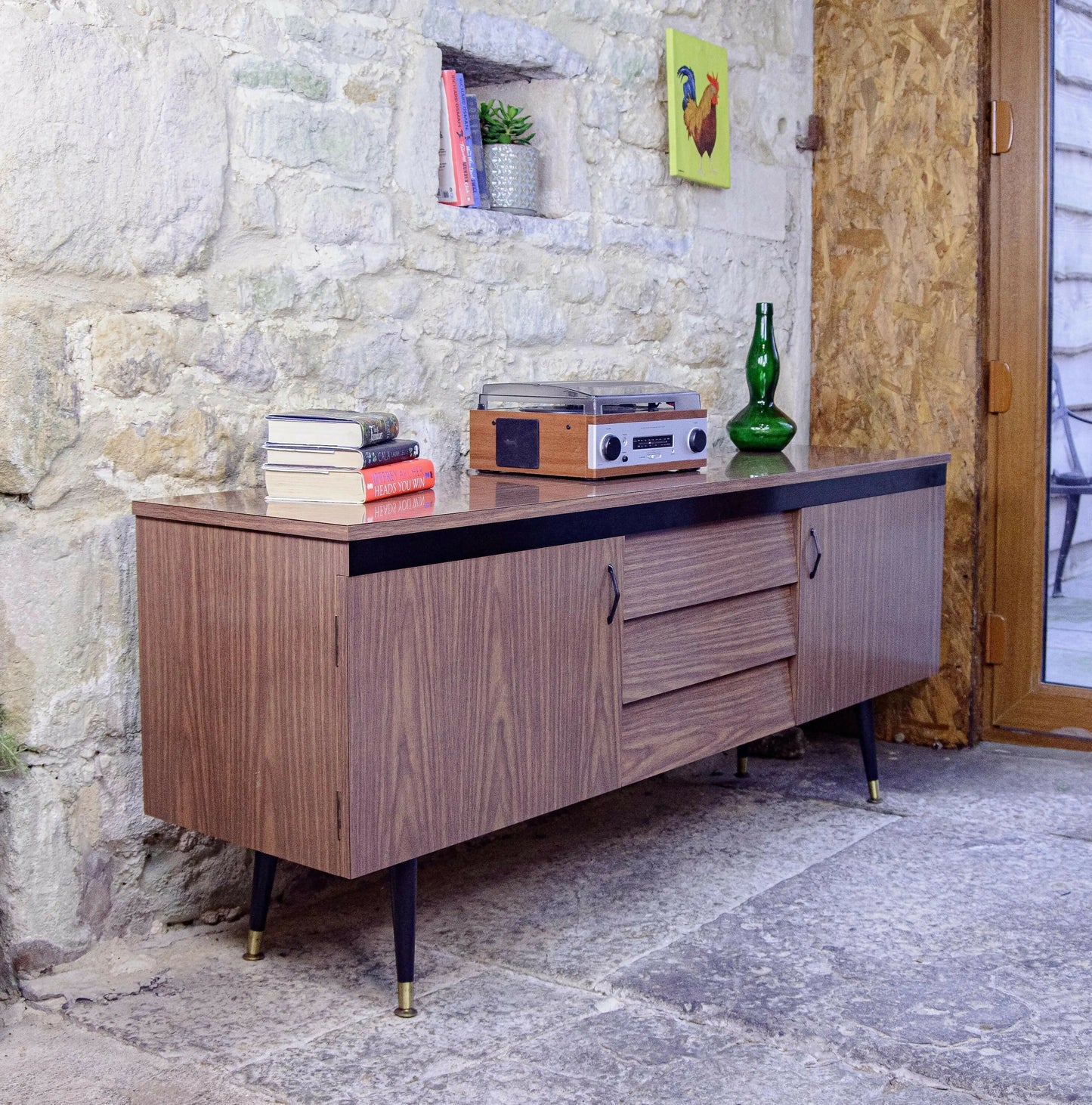 Mid Century Long Sideboard - Melamine - Tapered Legs - 1960s