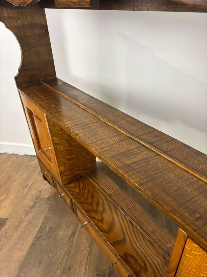 Vintage Oak & Mahogany Cross Banded Wall Shelves with Cupboards