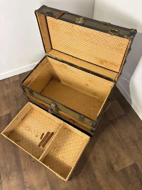 Victorian Oak Bound Travellers Trunk – Steamer Trunk with Original Travel Labels