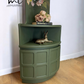 Refinished Nathan deep olive and neutral floral corner cabinet, cupboard, sideboard, shelves drinks cabinet