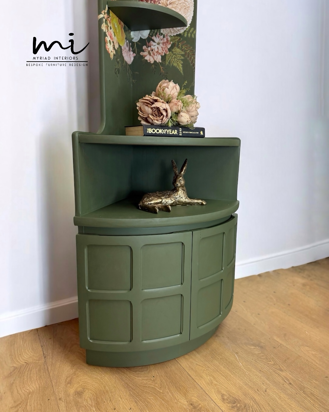 Refinished Nathan deep olive and neutral floral corner cabinet, cupboard, sideboard, shelves drinks cabinet