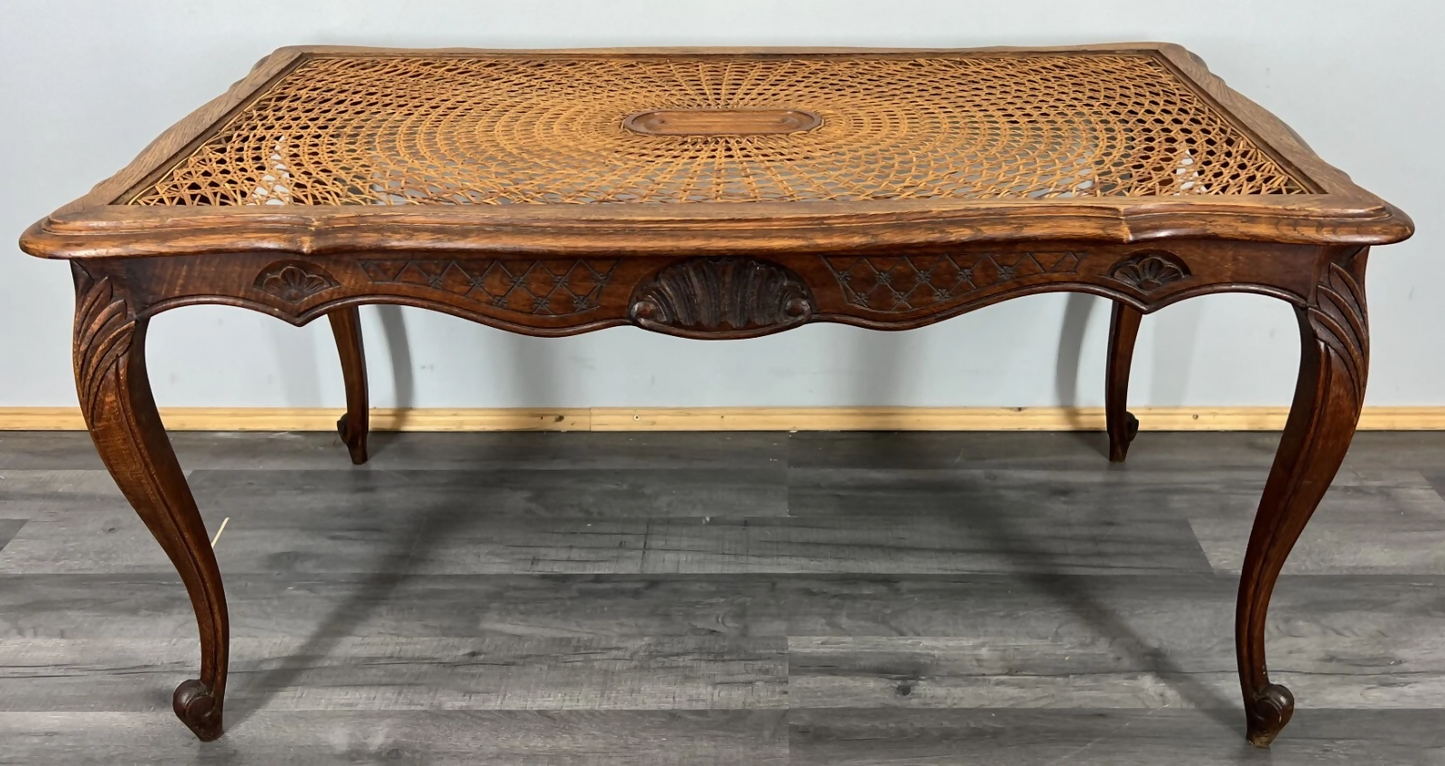 Coffee Table Vintage French Louis XV Cane Top Oak Carved Table LOT 3861