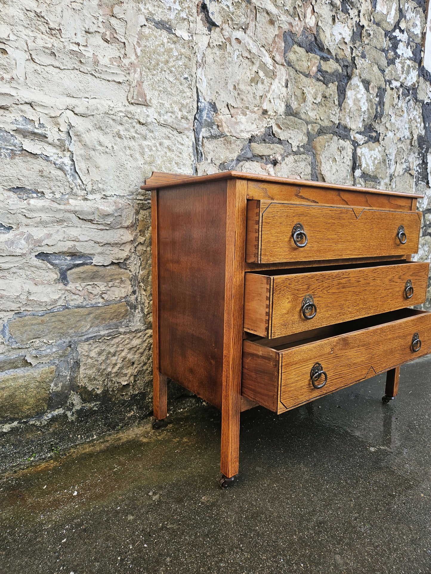 Vintage Chest Of Drawers Three Drawer Tall Oak Cabinet Super Proportions Highly Detailed