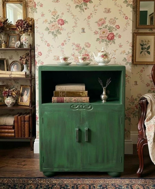 Forest Green Vintage Cabinet Dark Academia Drinks Cupboard | Bedside Table with Cable Hole Grandmillennial Staged Furniture UK Delivery