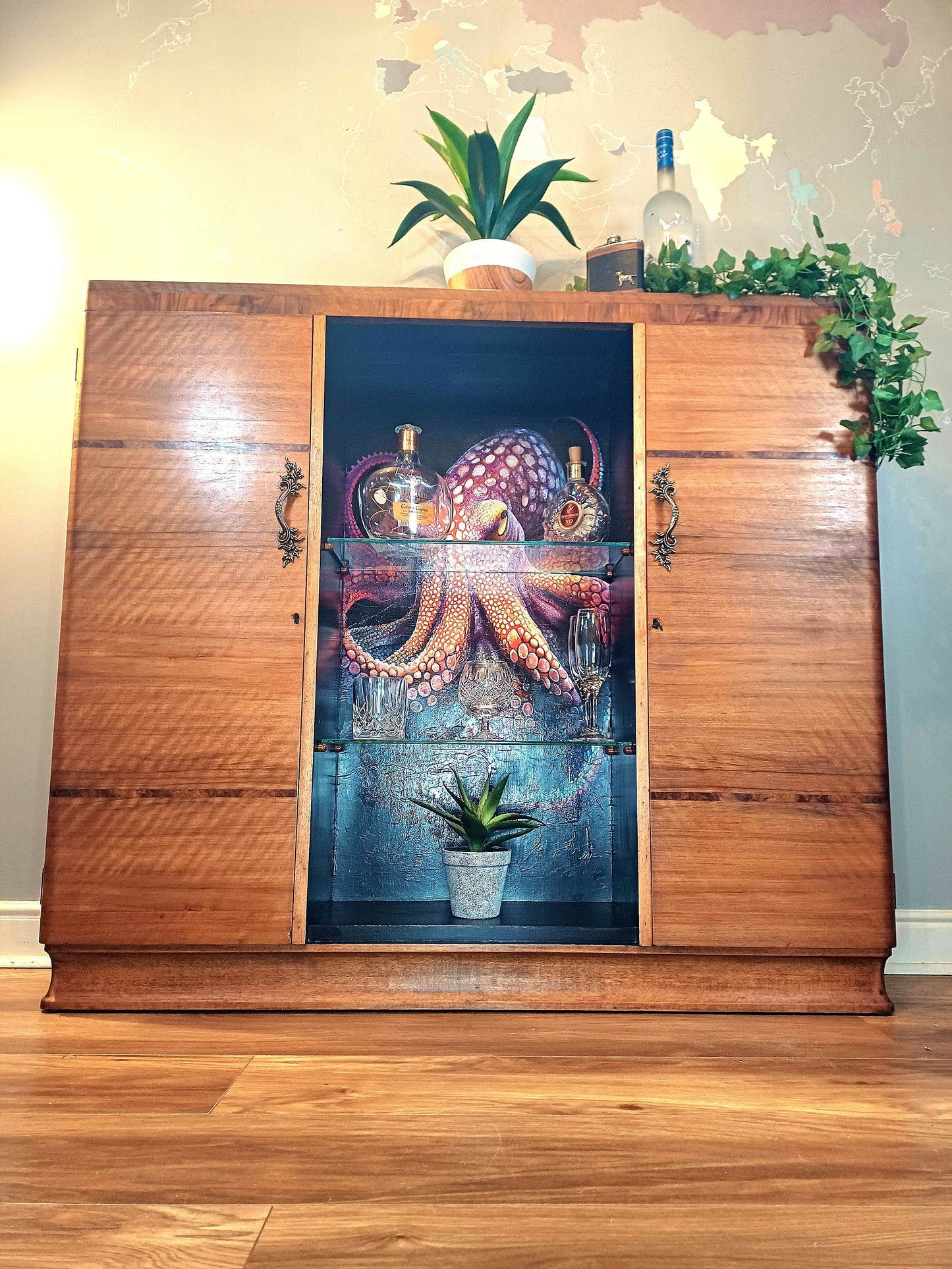 Upcycled / Restored Decoupaged Black Cabinet with Octopus Design, Glass Shelves and Storage