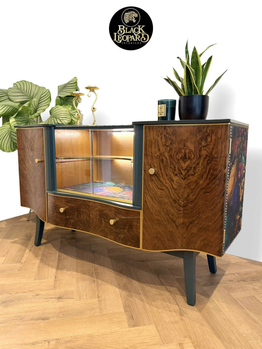 Luxury Unique Art Deco Sideboard with Drinks Cocktail Cabinet Section or TV Console | Refinished Hand Painted Vintage Green, Gold & Velvet | Black Leopard Interiors
