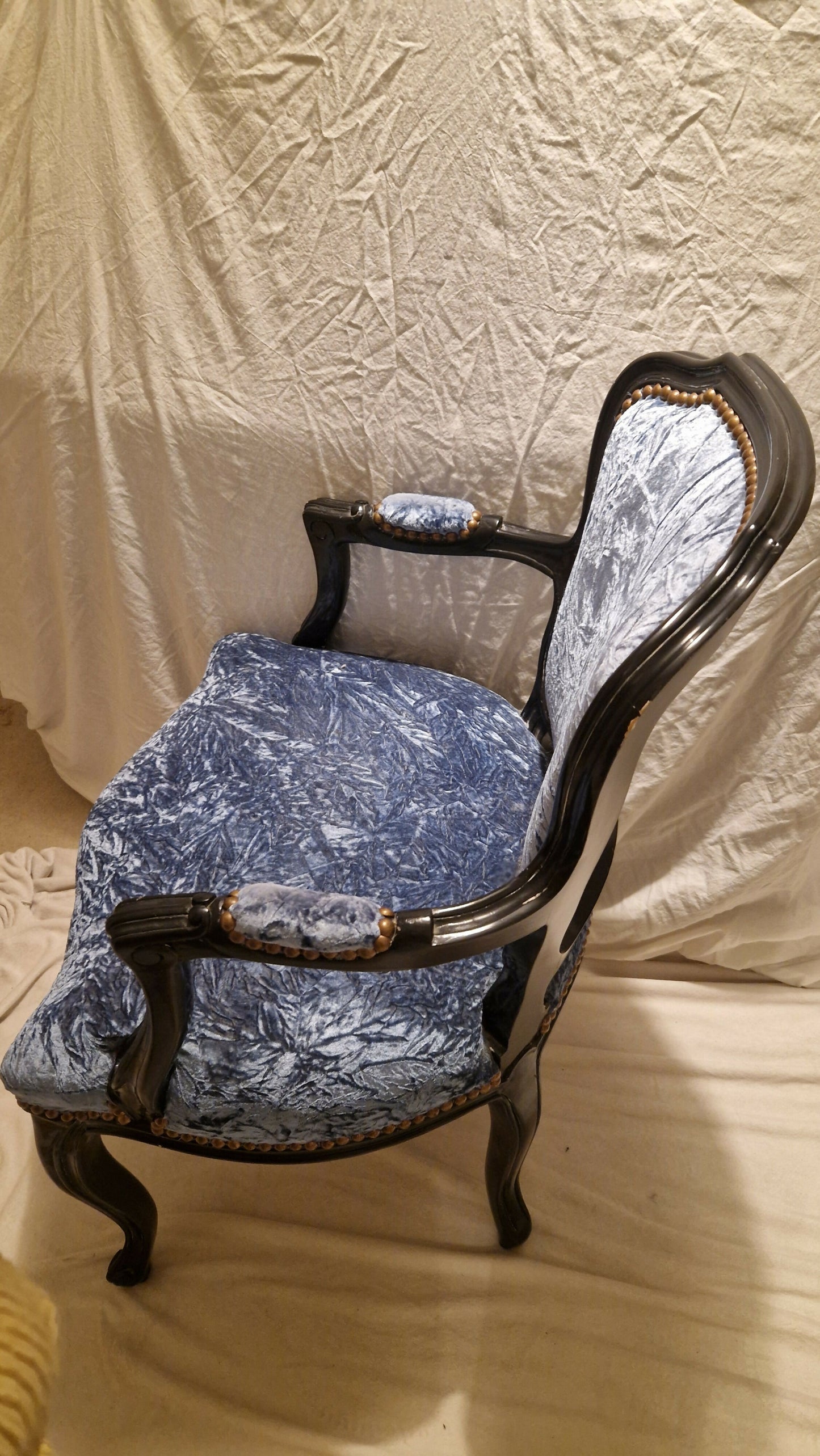 Louis XV Rococco Style Vintage Antique Chair Blue Crushed Velvet