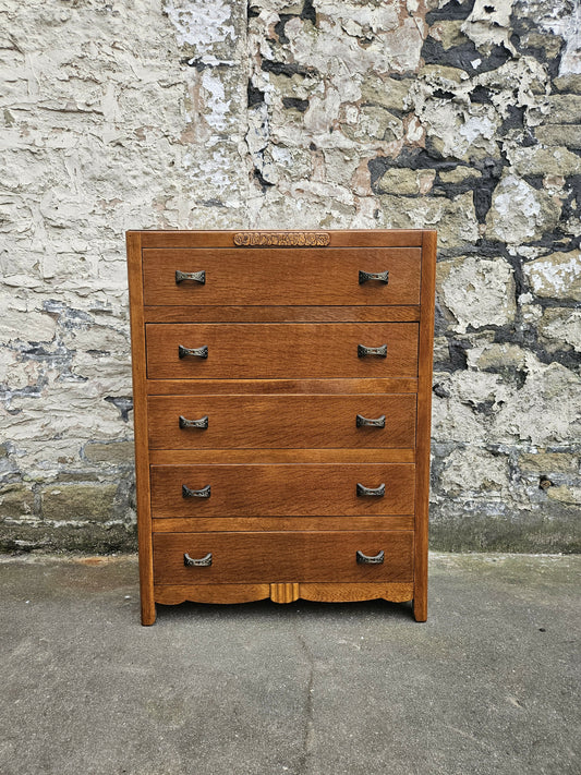 Vintage Oak Tallboy Chest of Drawers: Antique Cabinet with Detailing Five Drawer