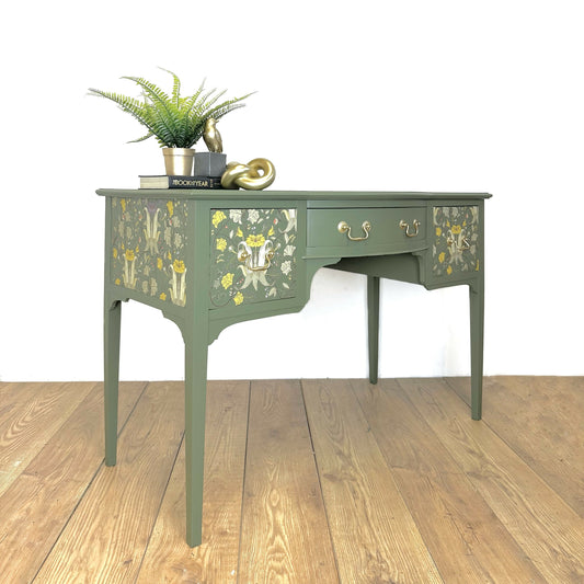 Vintage olive green desk with botanical design, dressing table, sideboard, refurbished, statement, floral, hand painted, upcycled sage