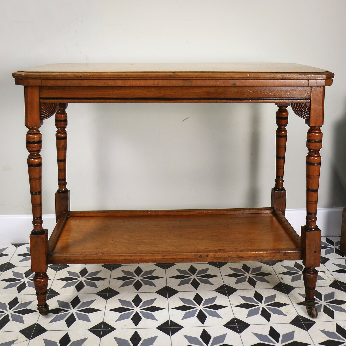 Edwardian Mahogany Card Game Table Baize Top on Porcelain Castors