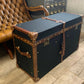 Vintage English Black Millerain Canvas & Tan Leather Coffee Table Trunk