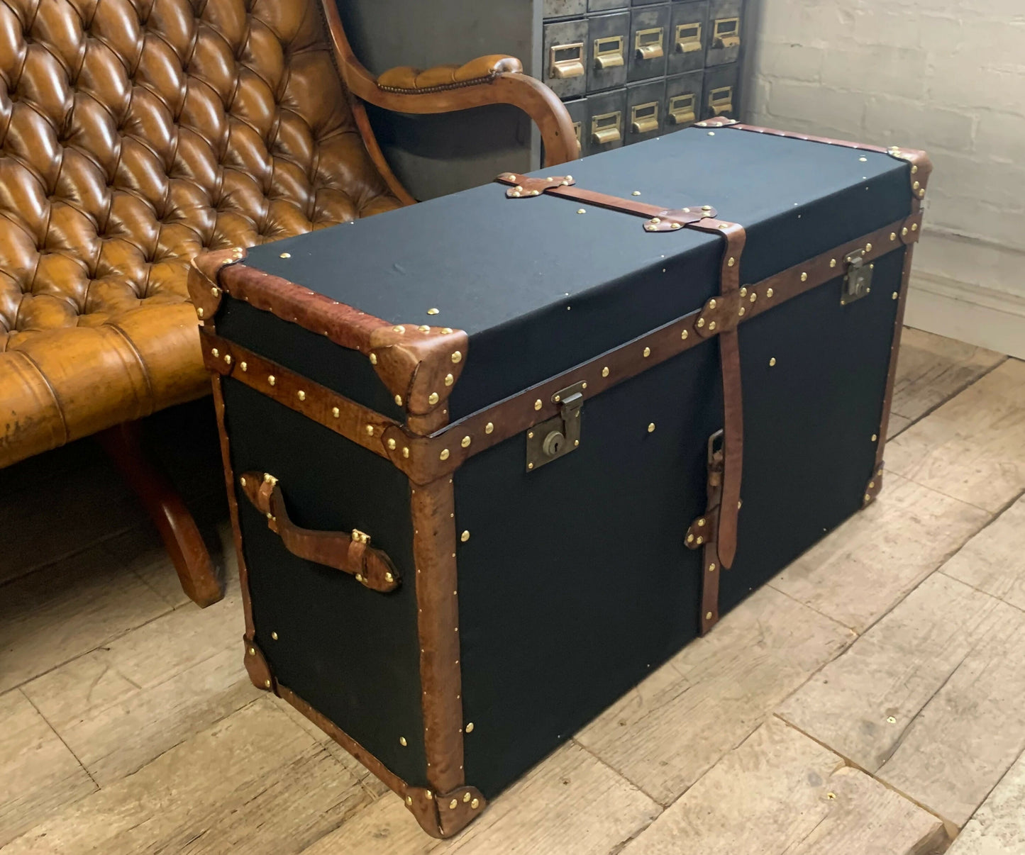 Vintage English Black Millerain Canvas & Tan Leather Coffee Table Trunk