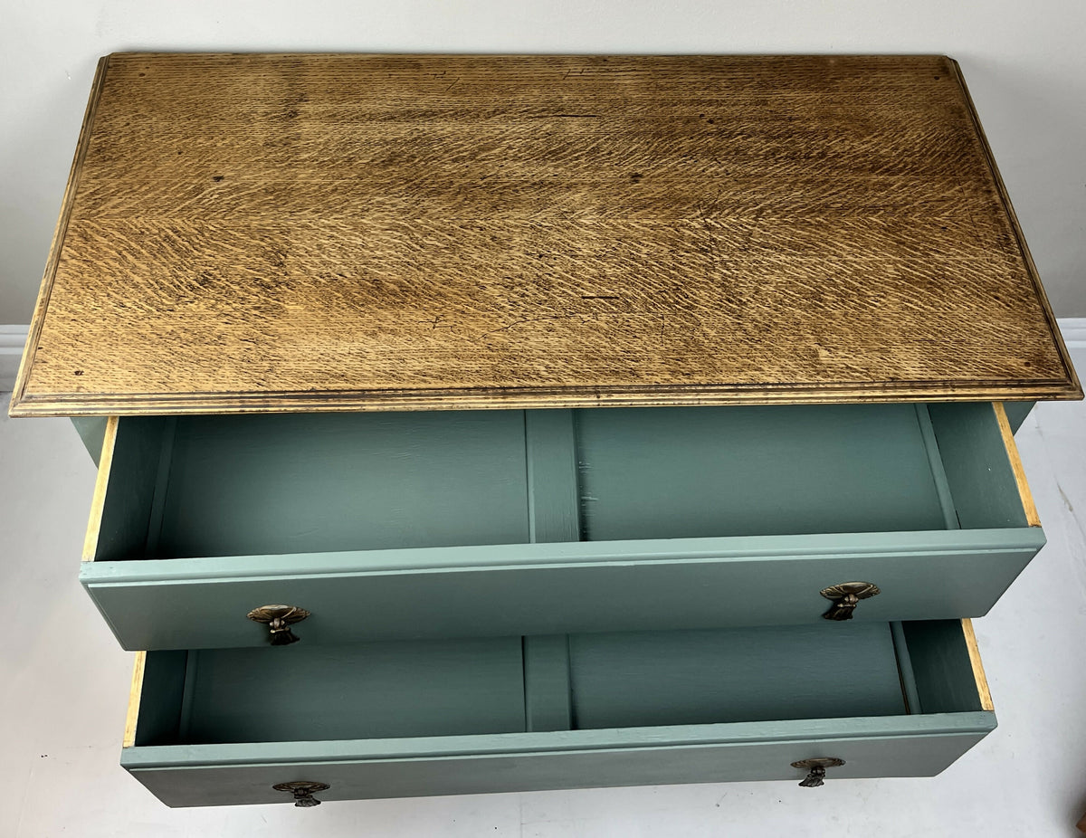 Vintage Chest of Drawers Stripped Oak Top Art Sage Green Upcycled Compact Size