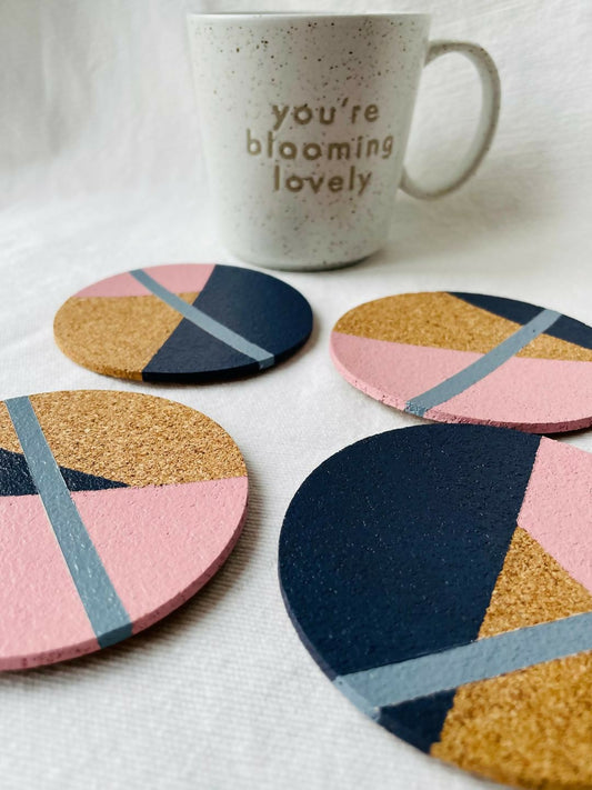 SOLD Set of 4 Cork Coasters - Hand Painted Geometric/Modern Design (Pink/Pale Blue/Navy)