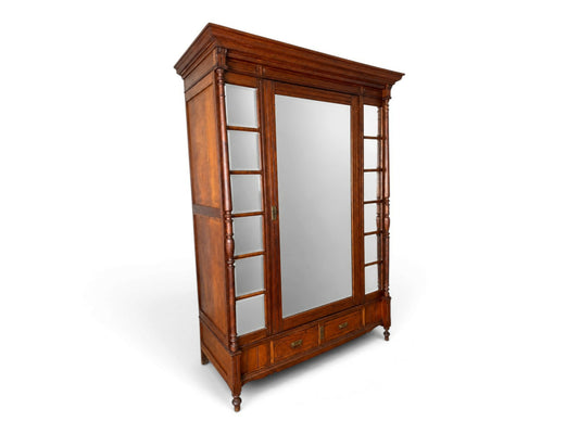 Wardrobe Antique French Style Oak Mirrored Two Drawers Carved Armoire LOT 6541